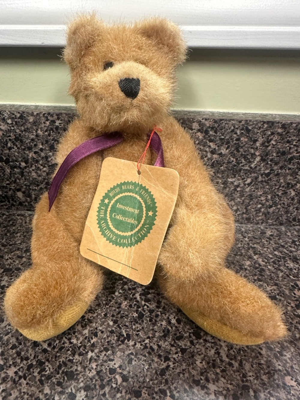 Boyds Bears Golden Brown Plush Bear with Purple Ribbon